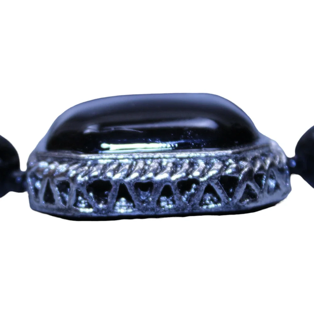 Stretch Bracelet Silver Tone Black Glass Cabochon Fashion Expansion